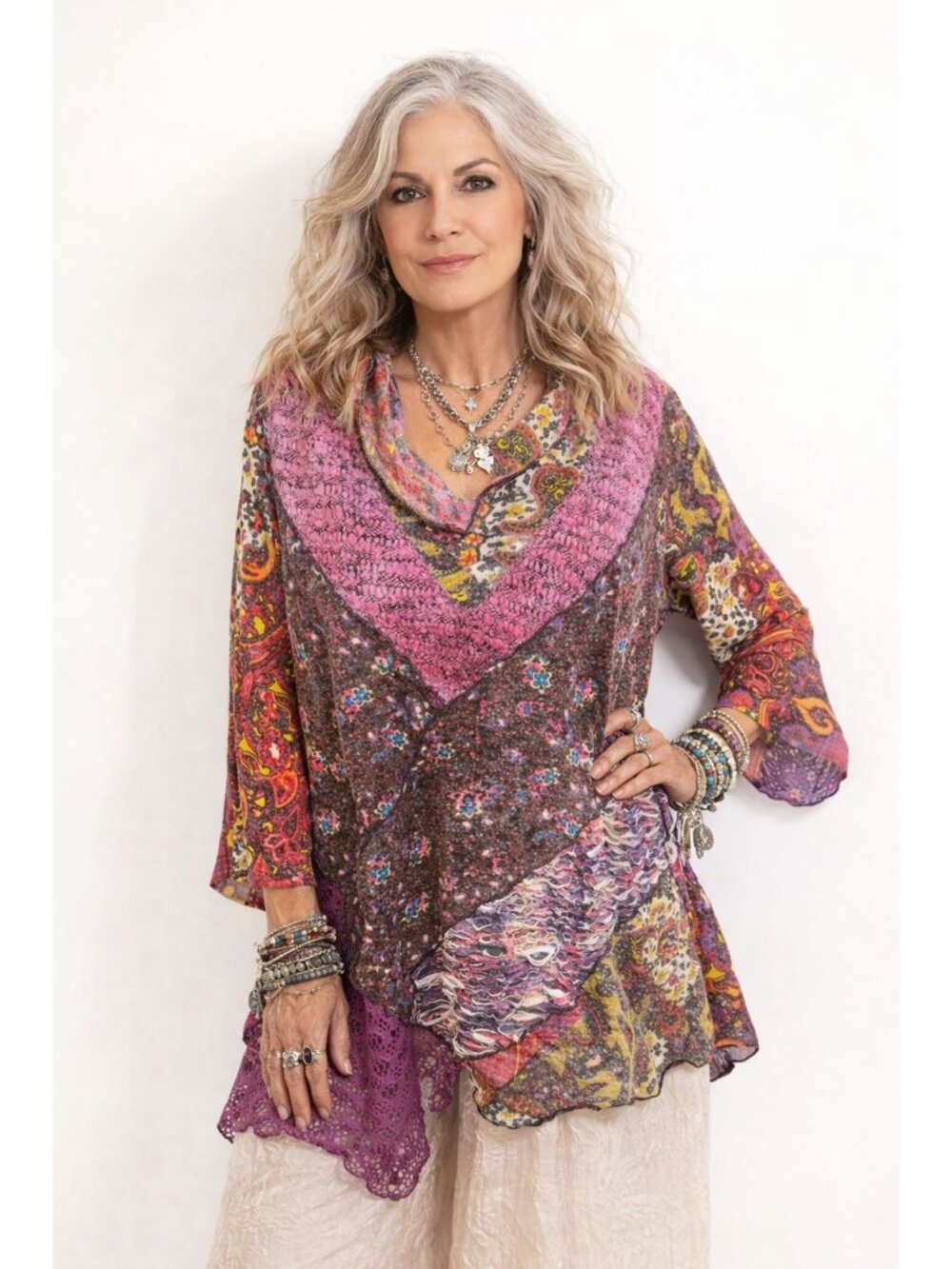 Ali Miles Patchwork Mix Print Floral Knit Tunic Top Women L Boho Chic Style Art